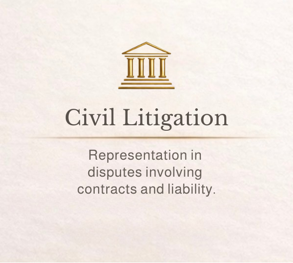 A document titled 'Civil Litigation' with an icon of a courthouse at the top, describing legal disputes involving contracts and liability.