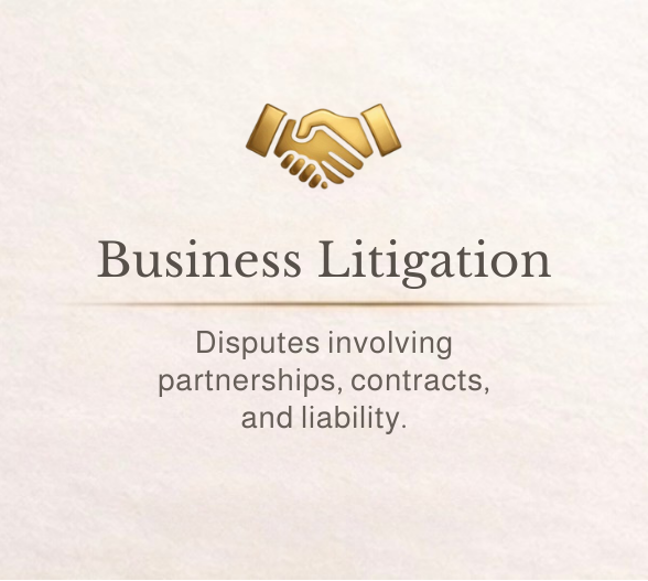 Business litigation with a handshake icon, involving disputes over partnerships, contracts, and liability.