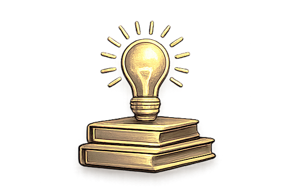 A stack of three closed books with a glowing lightbulb on top, surrounded by rays of light.