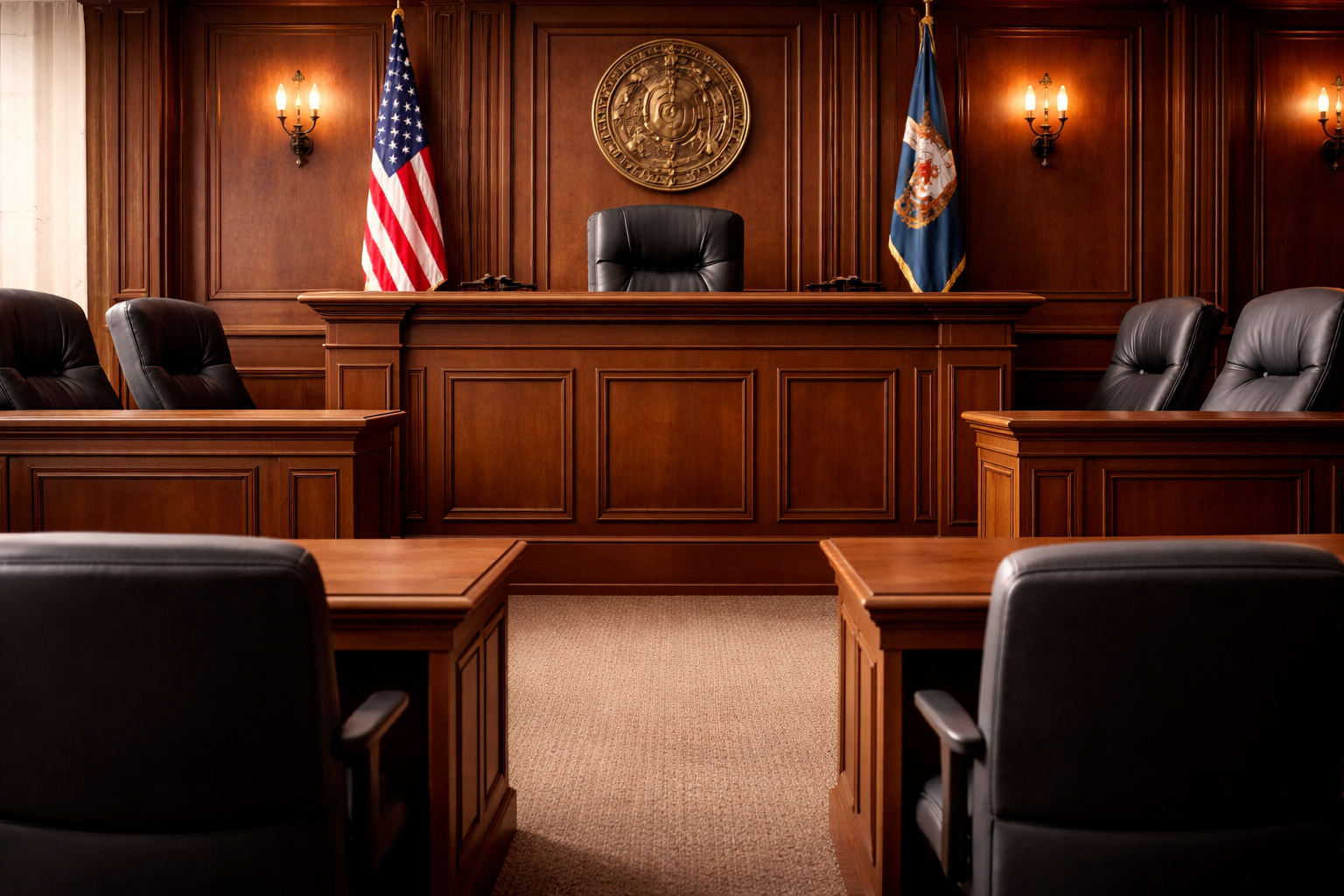 A courtroom with a raised judge's bench, featuring flags of the United States and a state, a court seal, and empty black leather chairs arranged around the room.