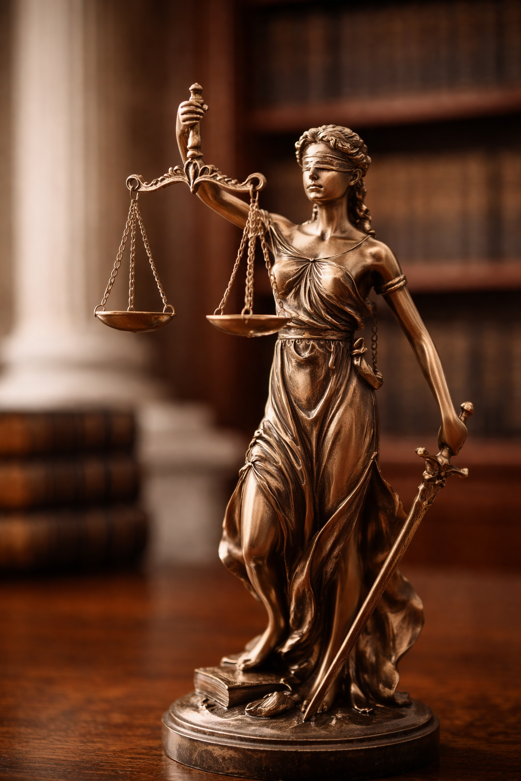 Bronze statue of Lady Justice holding scales in her left hand and a sword in her right hand, with her eyes covered by a blindfold.