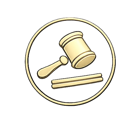 Gavel and sound block inside a gold circular border, symbolizing law or justice.