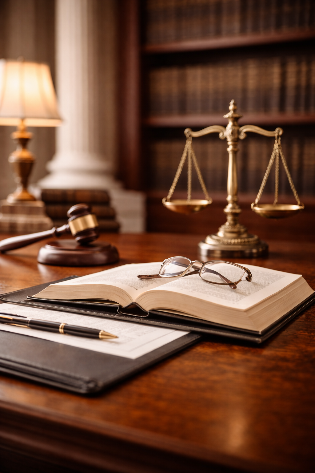 Legal office desk with an open book, eyeglasses, a pen, a gavel, a brass balance scale, and law books in the background.