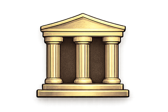 Illustration of a classical bank or government building with columns and a triangular pediment.