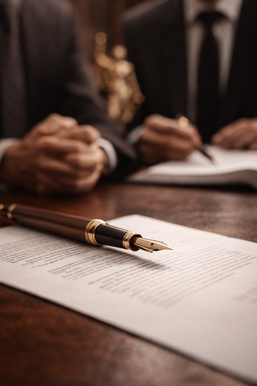 A fountain pen lies on a document on a wooden desk, with two individuals in suits blurred in the background, possibly in a formal signing or meeting setting.