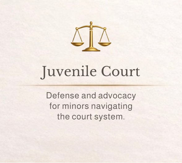 A flyer or brochure cover with a gold balance scale icon at the top, and text reading 'Juvenile Court: Defense and advocacy for minors navigating the court system.'