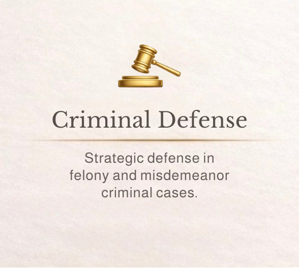 An image with a gavel icon and text about criminal defense, including strategic defense in felony and misdemeanor criminal cases.
