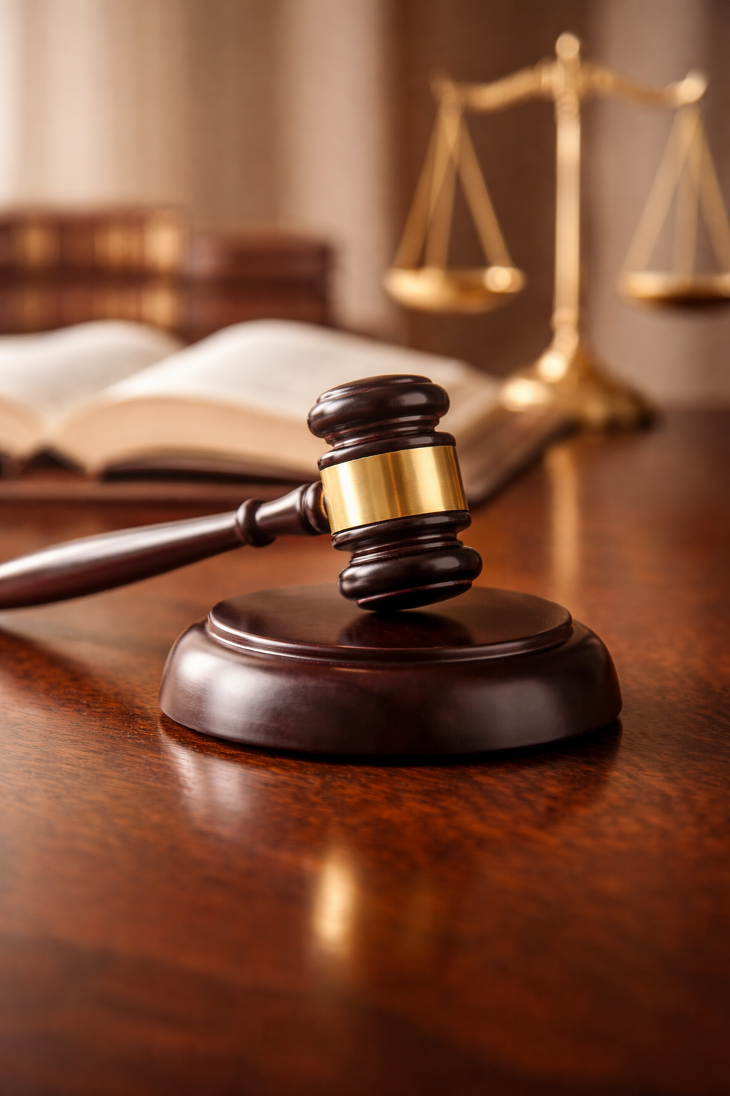 A judge's gavel resting on a wooden table with an open law book and a brass balance scale in the background, symbolizing law and justice.