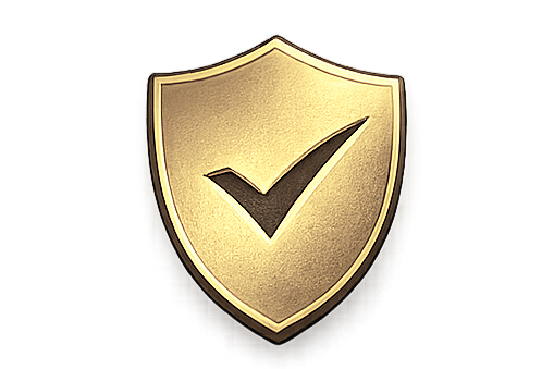 Gold shield emblem with a black check mark in the center.