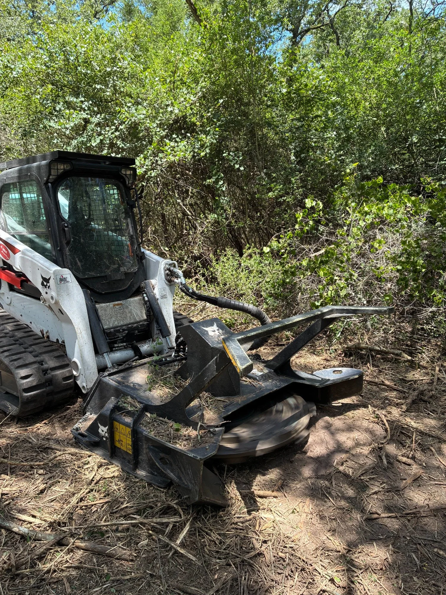 Woodchuck Bobcat running a mulcher in thick green vegetation