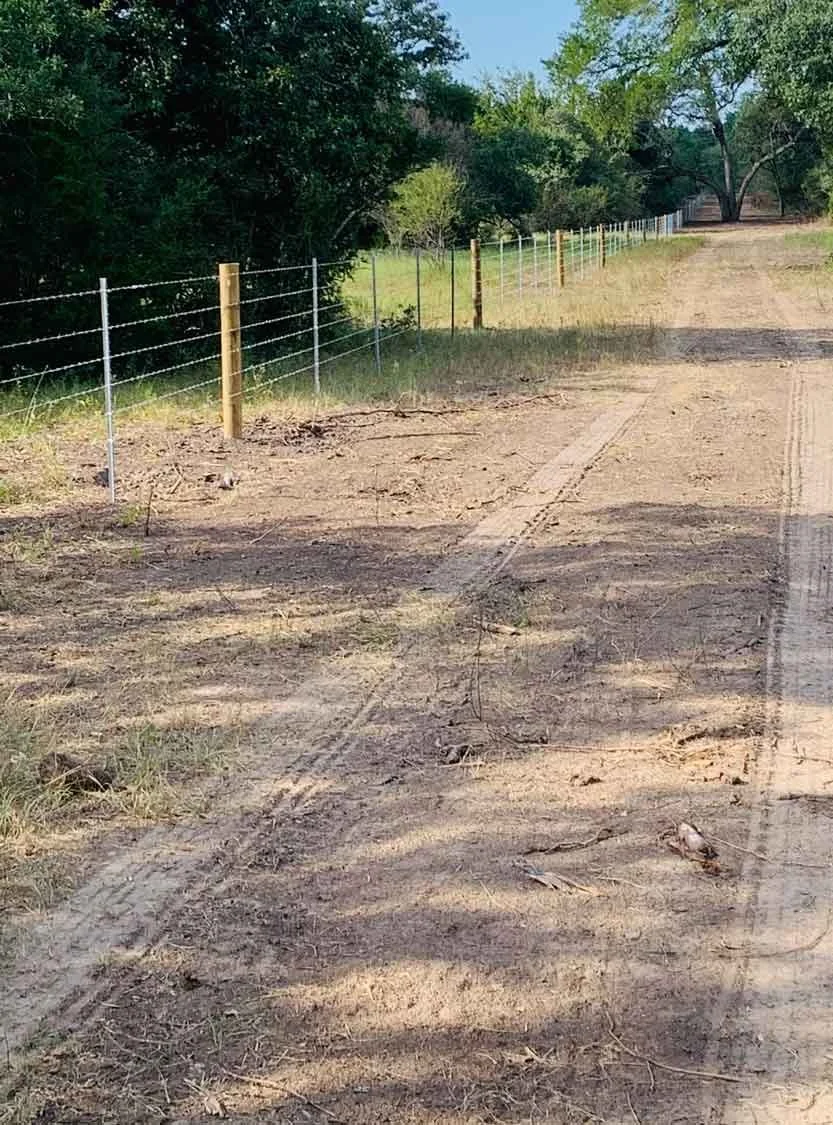 A dirt road running alongside a barbed wire fence, with green trees and grass on one side and an open field on the other, under a clear blue sky.