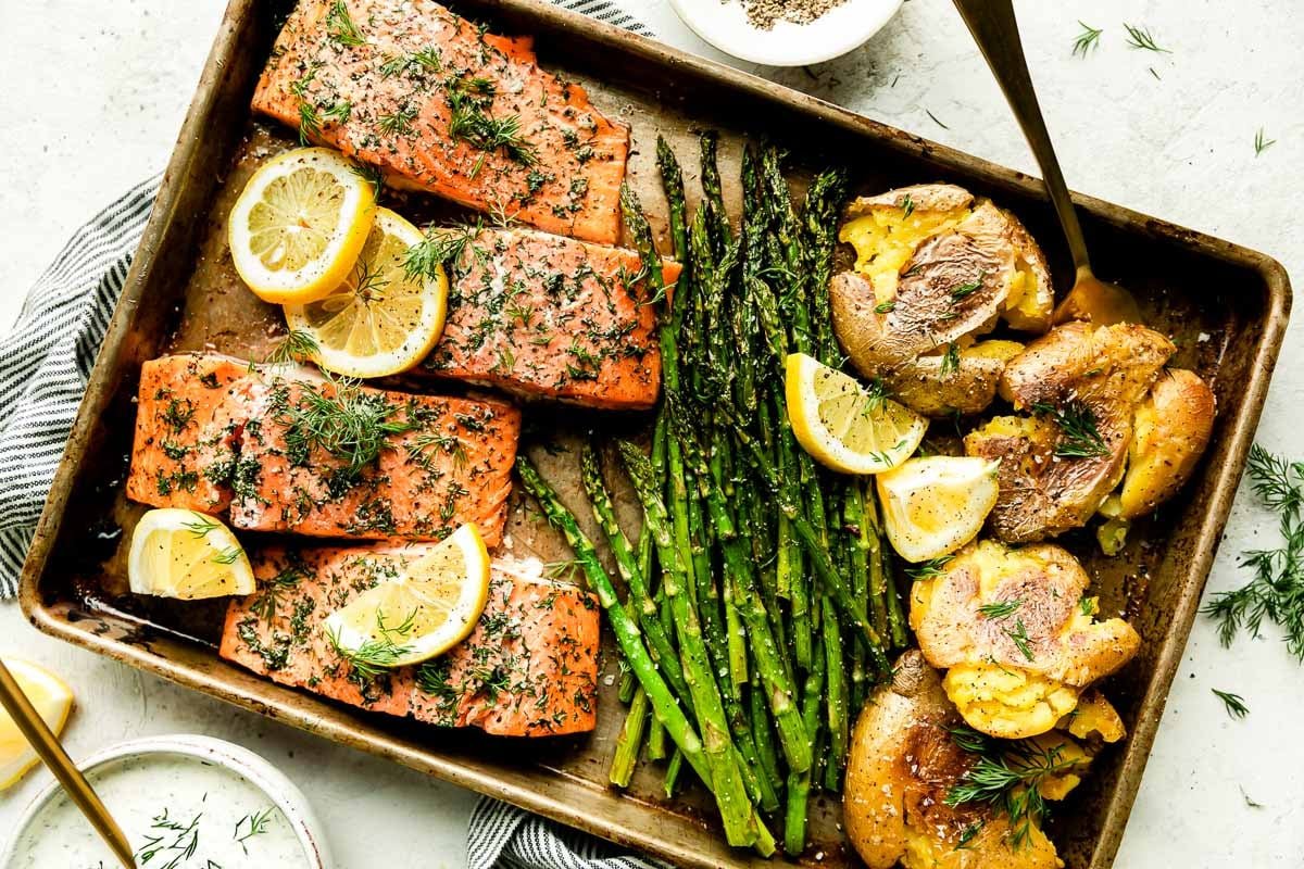 Garlic Butter-Roasted Salmon with Potatoes & Asparagus
