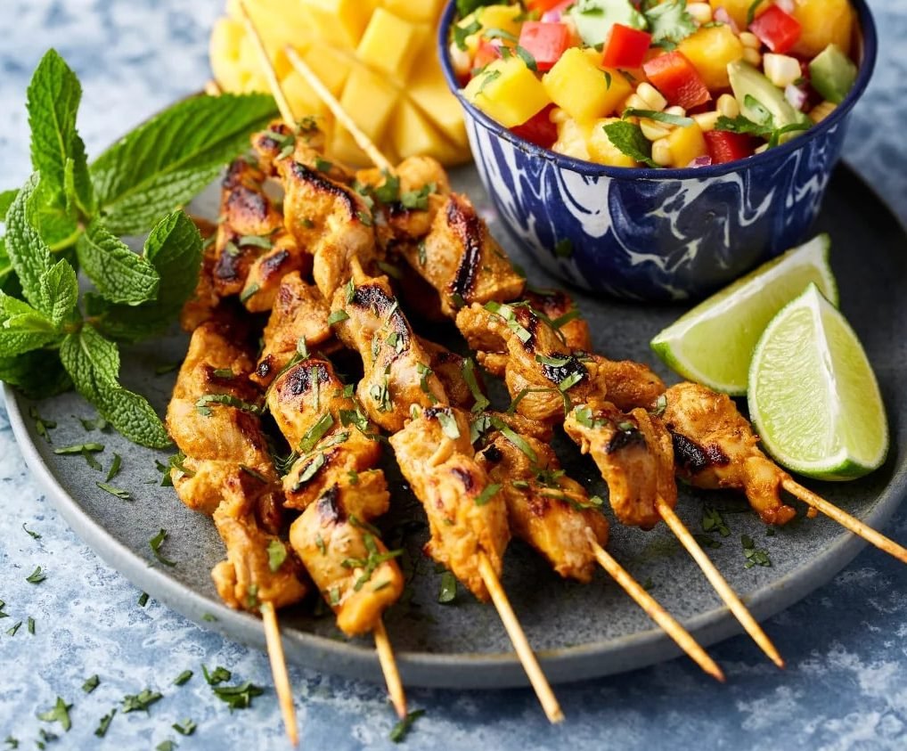 Jerk Chicken Skewers with Mango Salad