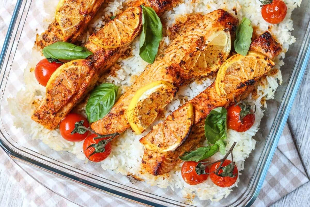 Baked Salmon Tray with Tomatoes and Rice