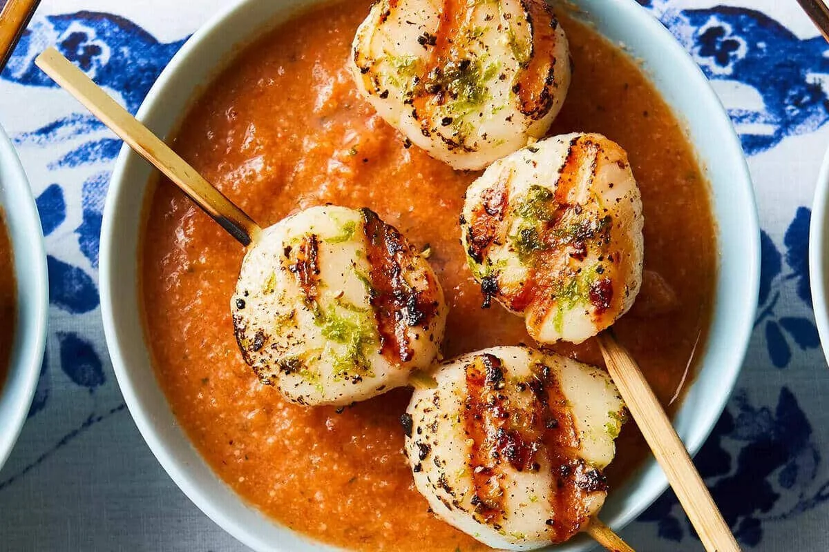 Gazpacho with Scallop Skewers