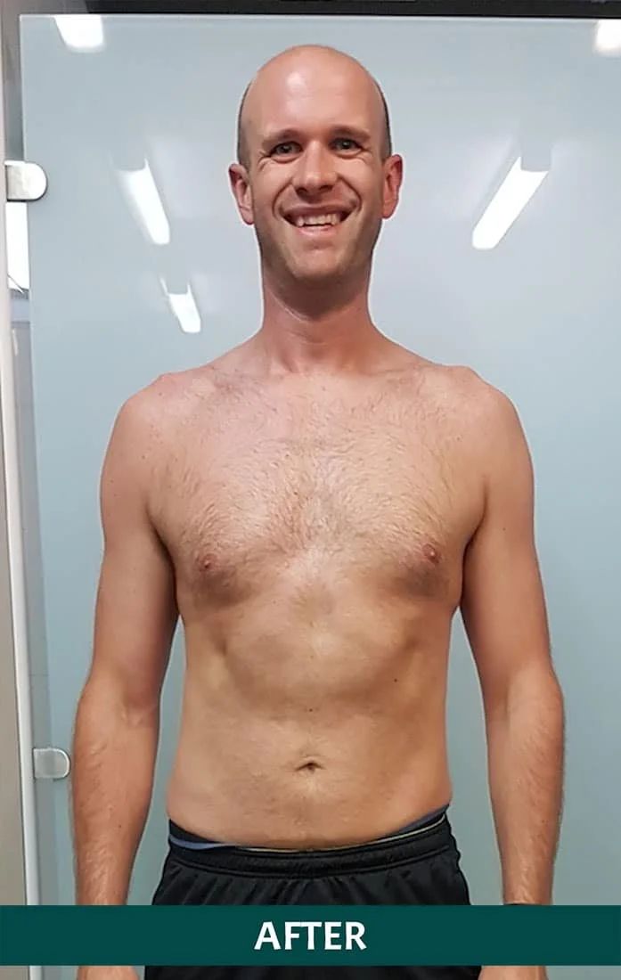Image of a smiling, shirtless man standing in front of a mirror, with the word 'AFTER' at the bottom.
