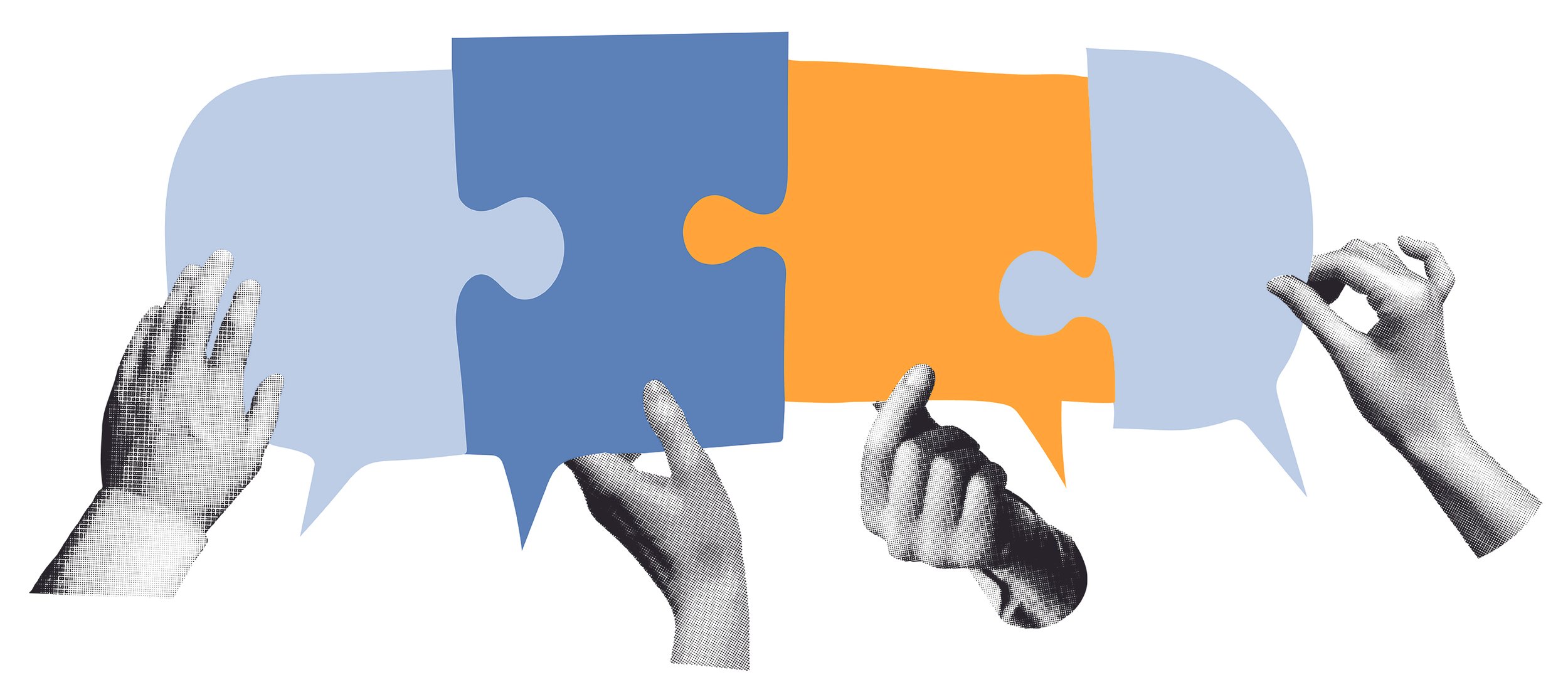 Multiple hands hold up speech bubbles in a graphic, with puzzle piece shapes, representing conversation or communication.