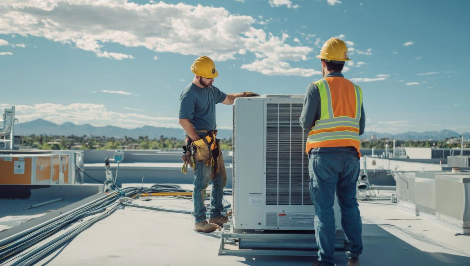 Two construction workers with helmets working on an air conditioning unit on a rooftop under a blue sky with clouds.