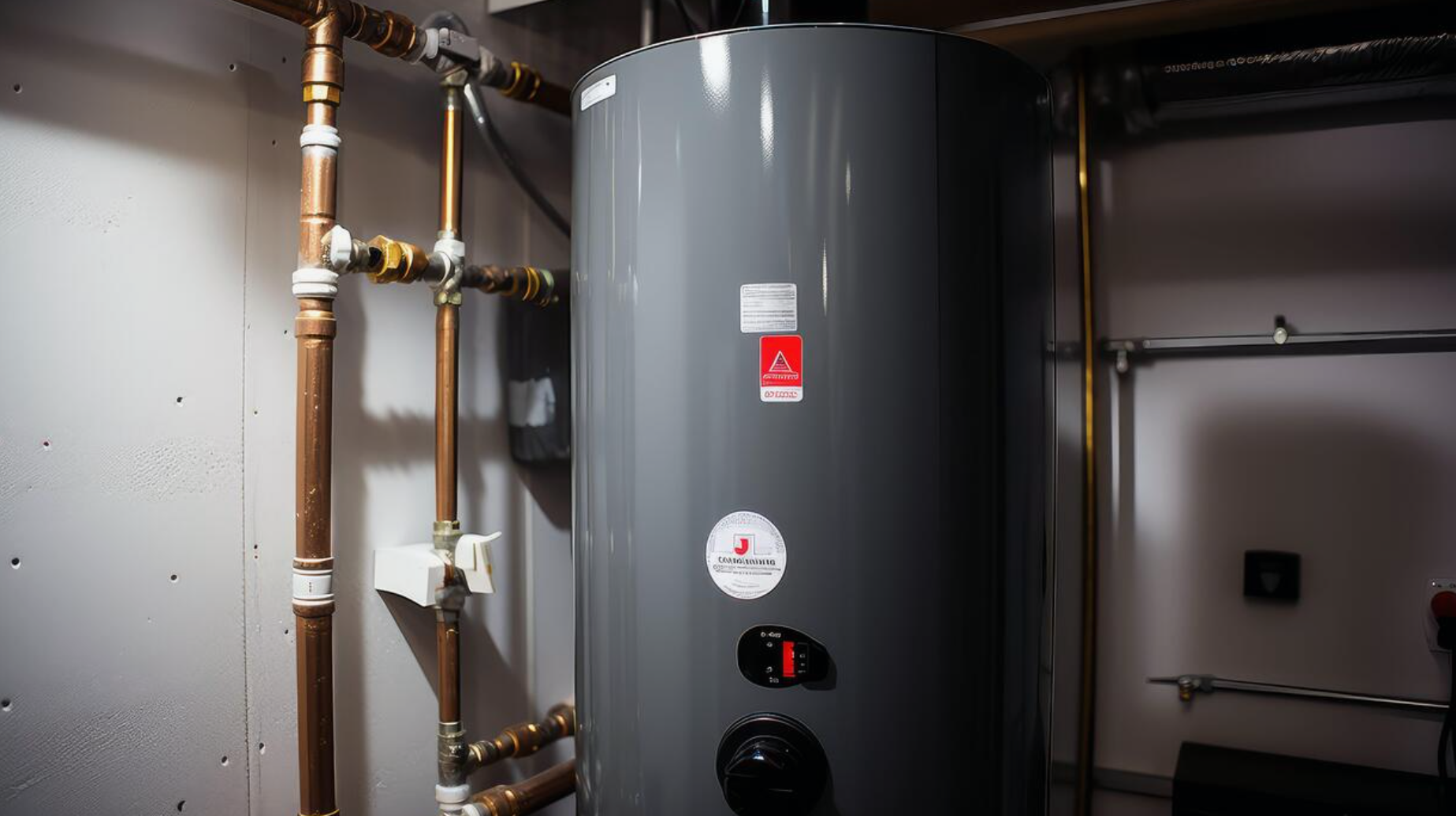 A gray water heater tank connected to copper pipes with shut-off valves, mounted in a utility closet.