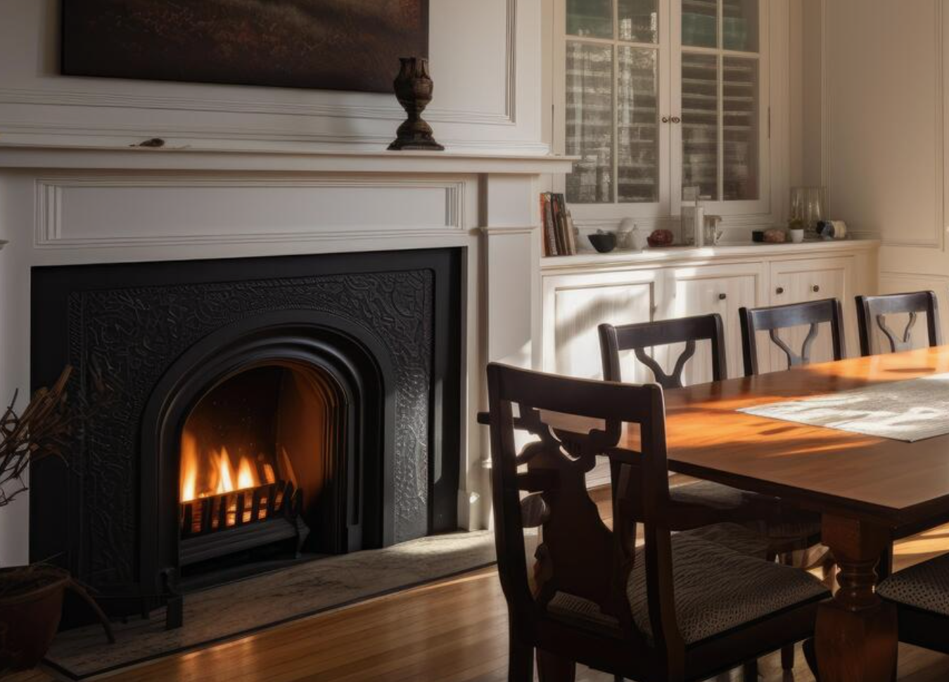 Living room with a fireplace, wood dining table, and chairs, sunlight through windows, and decorative items on built-in cabinets.
