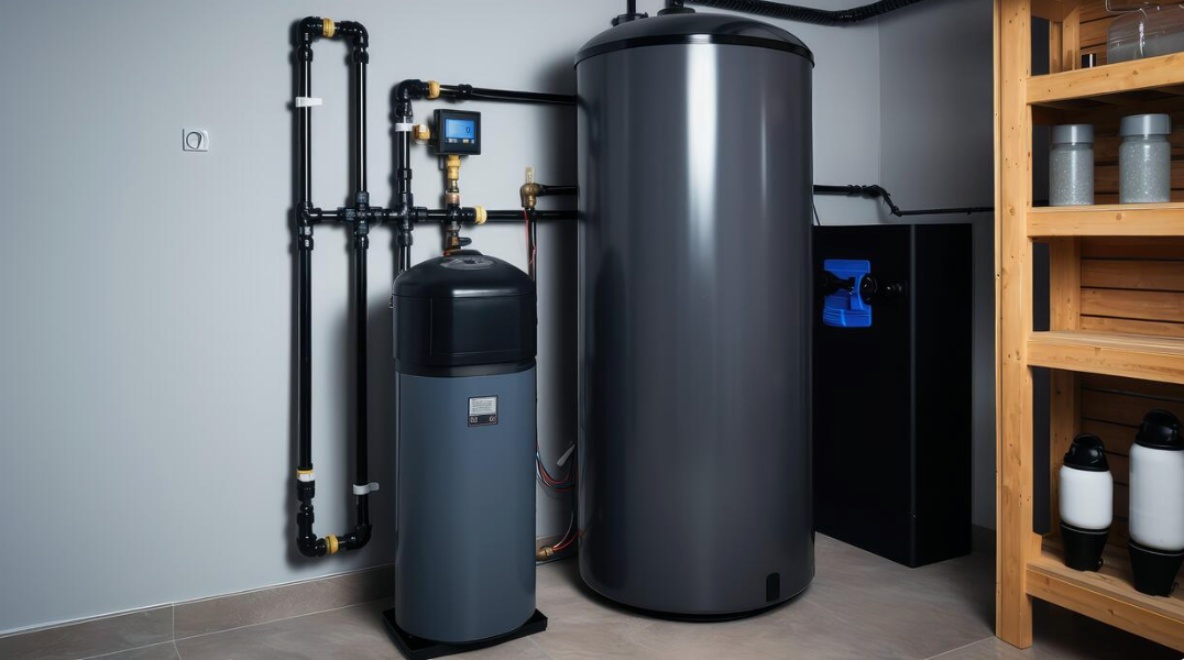 Home water softener system with a salt tank, a large storage tank, and associated plumbing in a laundry room or utility space.