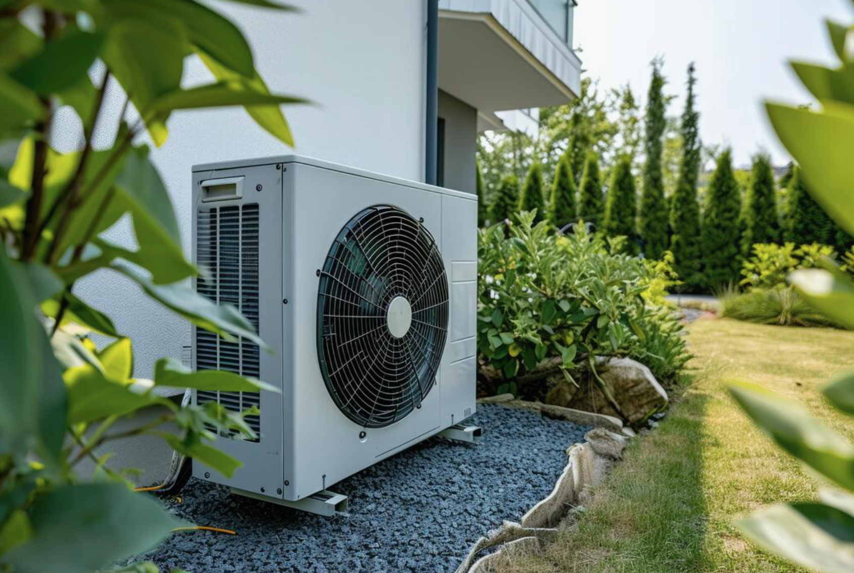 Air conditioning unit installed outside a modern house, surrounded by green plants and a well-maintained lawn.