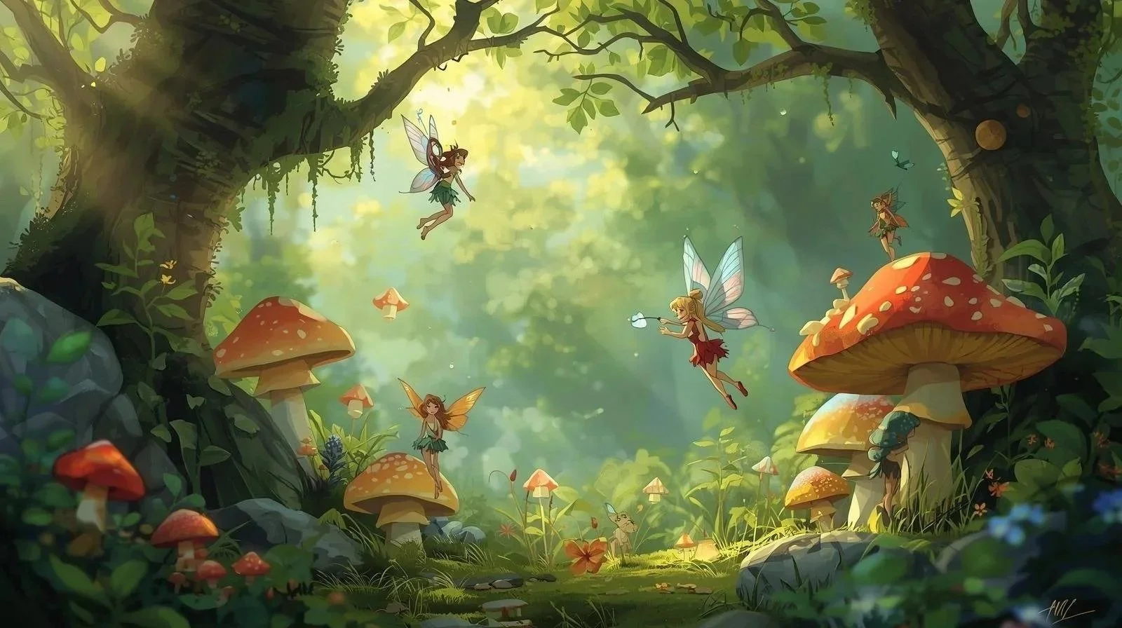 Fantasy illustration of a lush forest clearing with brightly colored mushrooms, small fairies with wings, and a tiny mouse. The scene is illuminated by soft, warm sunlight filtering through the trees.