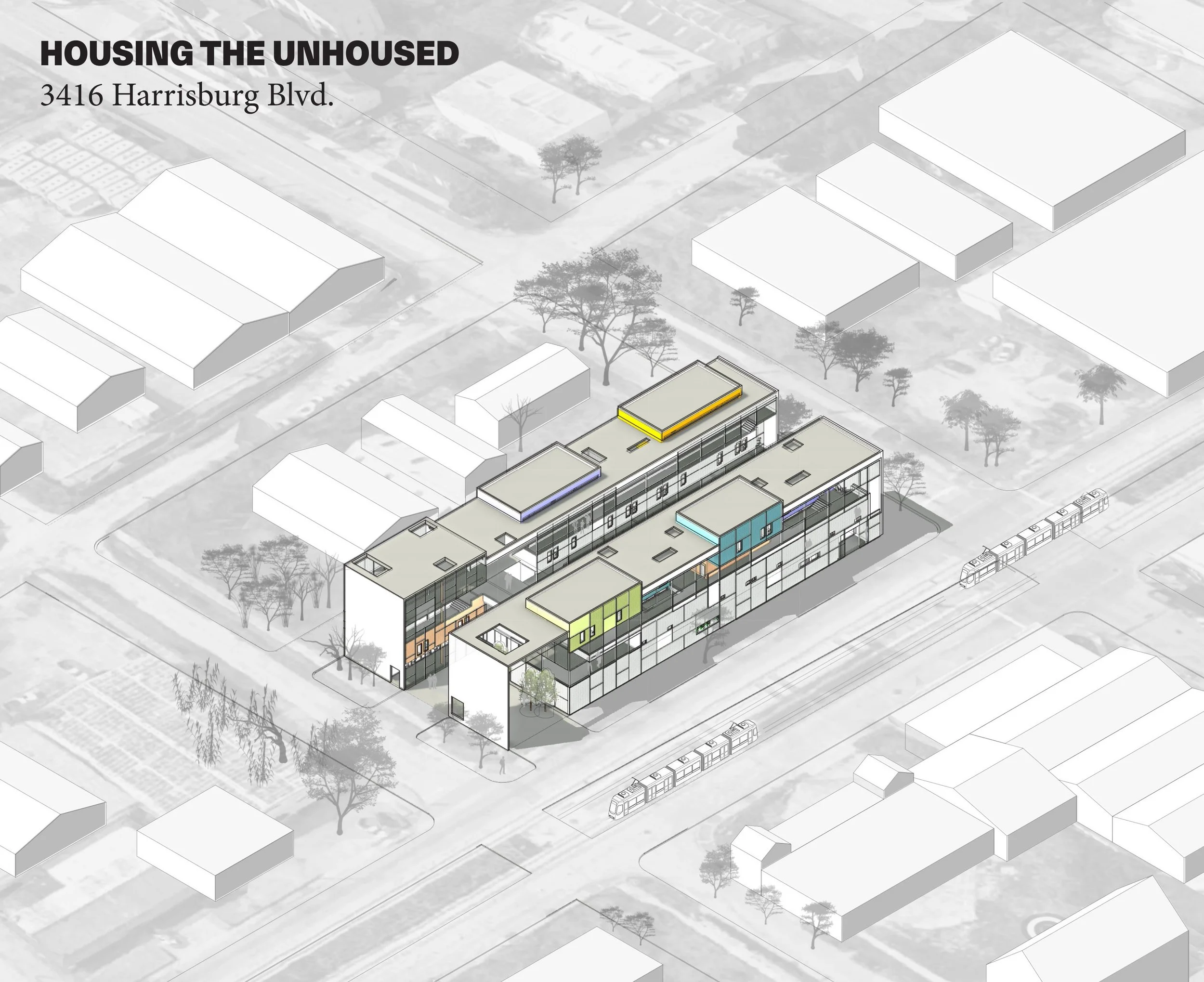 This is a studio project on the 3416 Harrisburg Blvd site to design low-income housing with a retail mixed-use component. 