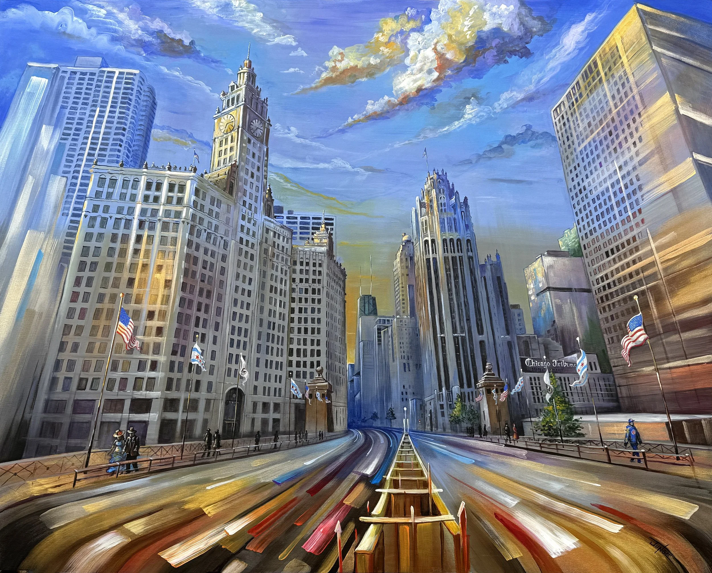 A vibrant painting of downtown Chicago with tall skyscrapers, the Civic Opera House, and the historic Wrigley Building clock tower against a dramatic sky with clouds and smoke.