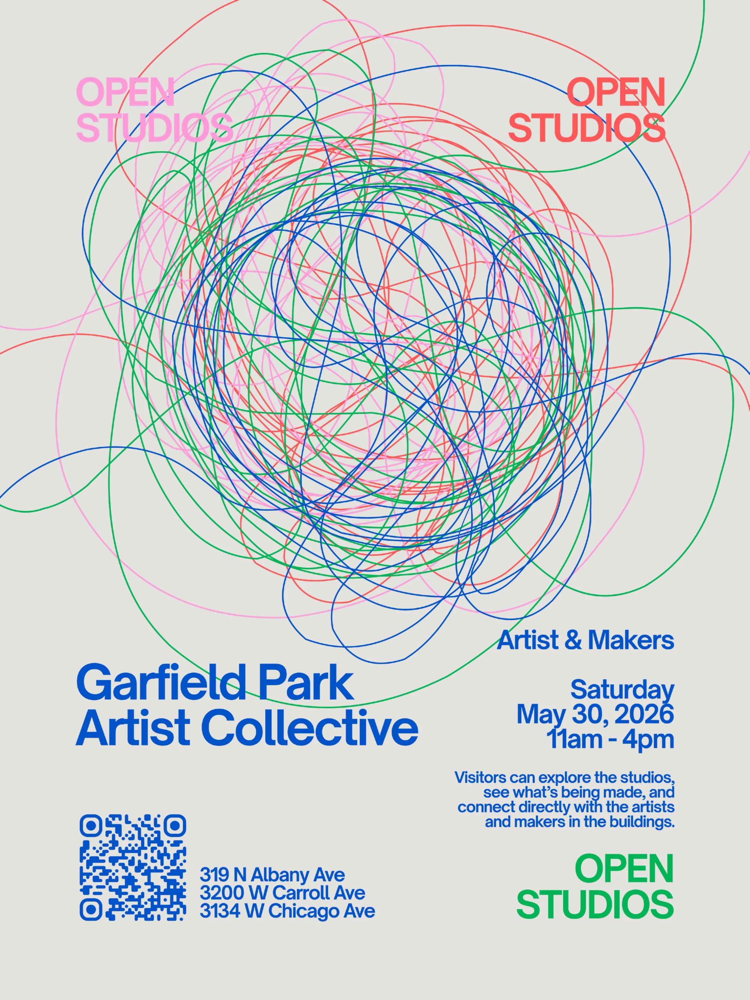 An advertisement for the Garfield Park Artist Collective event featuring colorful overlapping circles and the text 'Open Studios' in pink, red, and green, and details about the event date, time, location, and a QR code for more information.