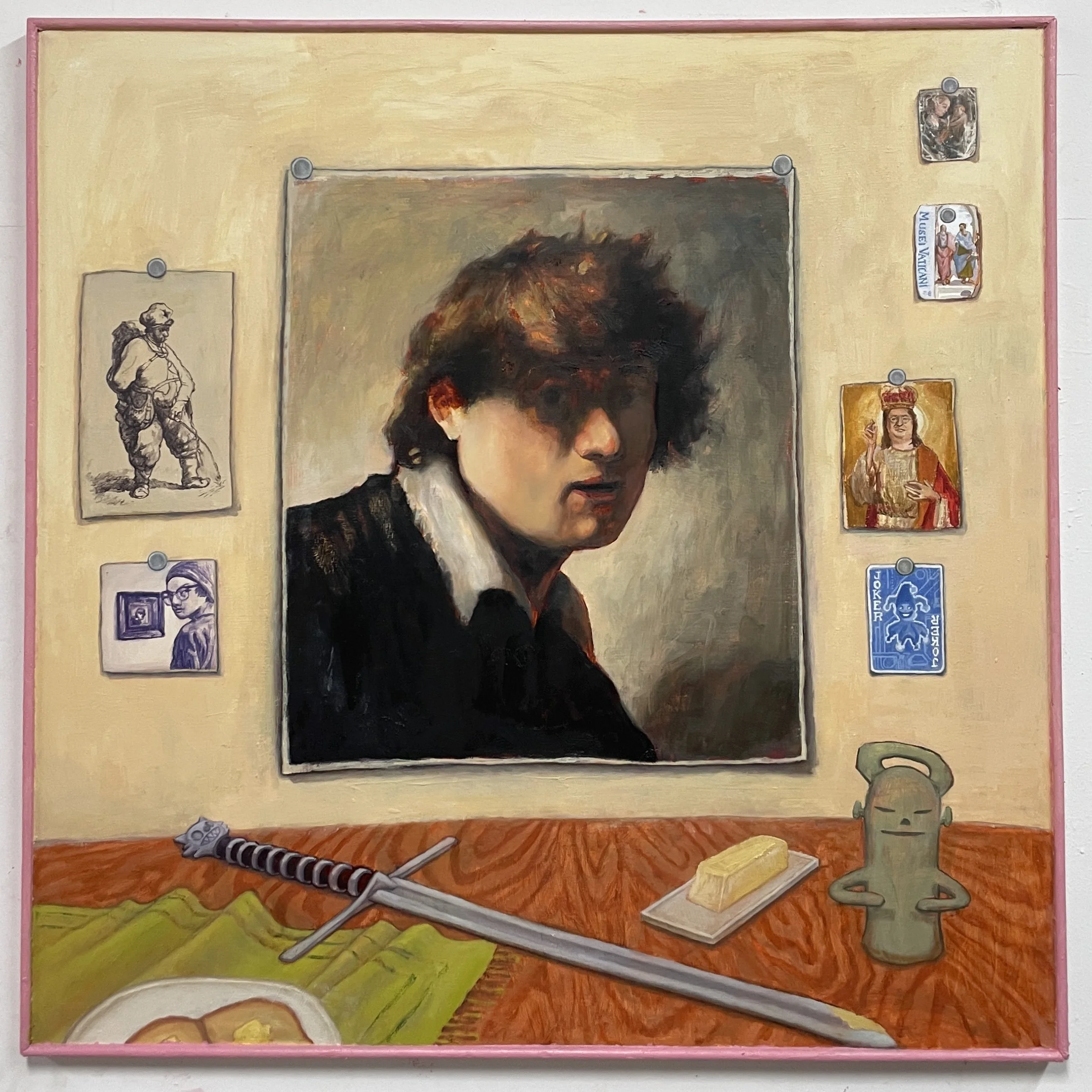 A collage featuring a portrait of a woman with curly hair at the center, surrounded by various smaller images including an illustration of an elderly man, a religious icon, a woman with glasses, a deck of playing cards, and objects like a colorful cloth, yellow sponge, and a paintbrush.