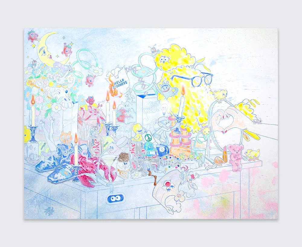 Colorful, whimsical illustration of various characters, objects, and items on a desk, including a crescent moon with a face, candlesticks, a small owl, a Rubik's cube, and a character holding a candle, with some text reading "HELLO GOODBYE."