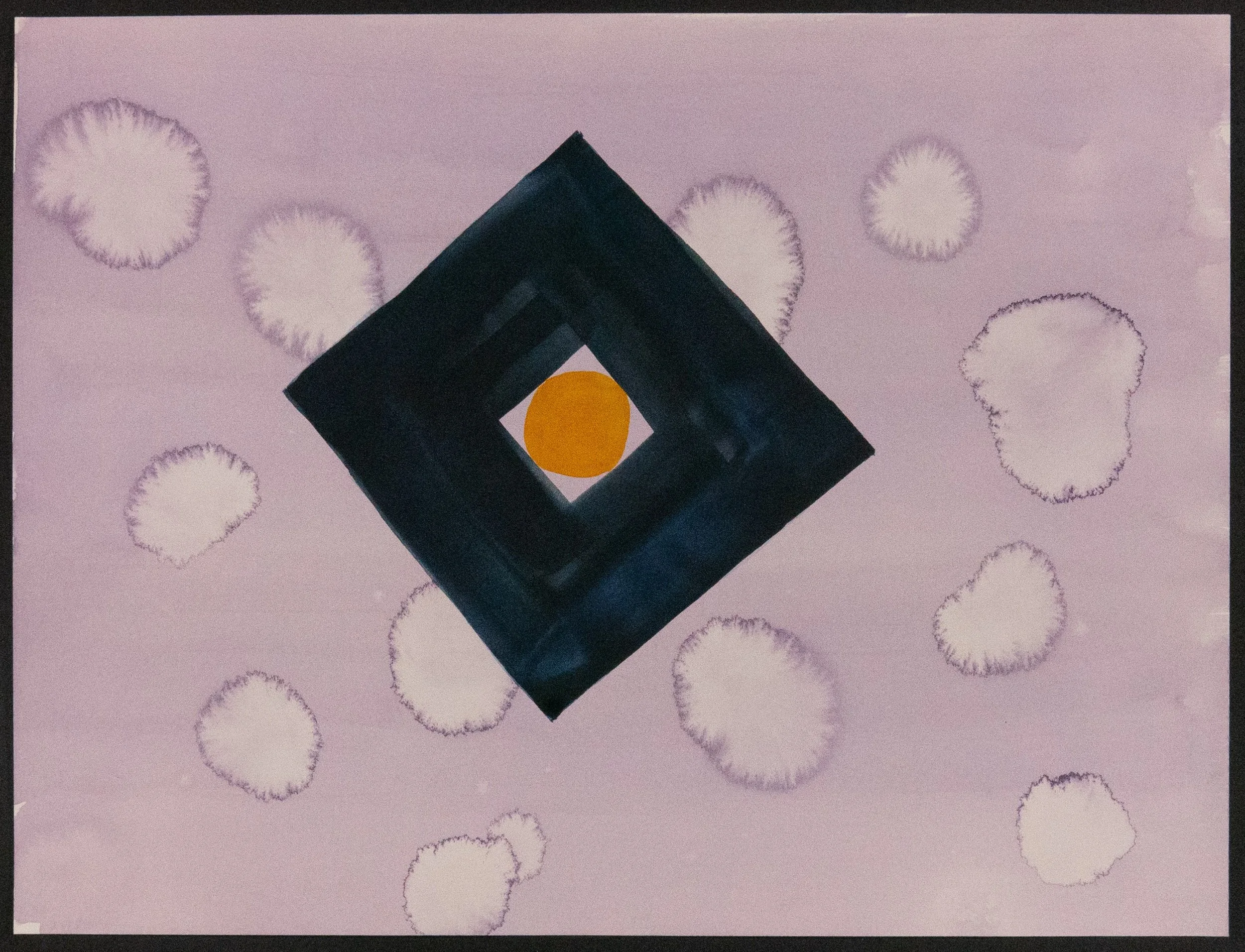 Abstract artwork with a pink background, black diamond shape with a yellow circle inside, and purple circular patterns surrounding it.