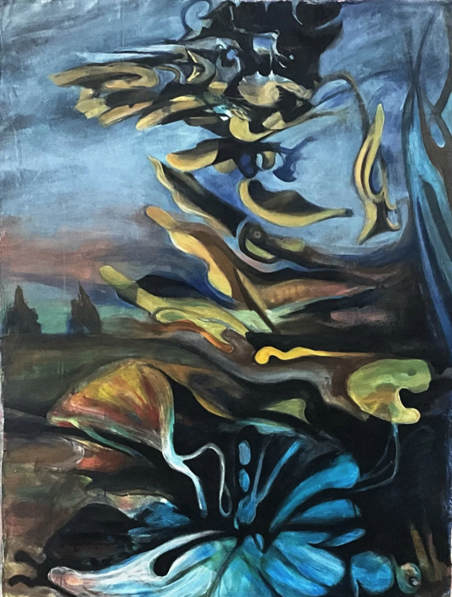 An abstract painting with swirling shapes and bold colors, featuring shades of blue, yellow, black, and hints of green and red.