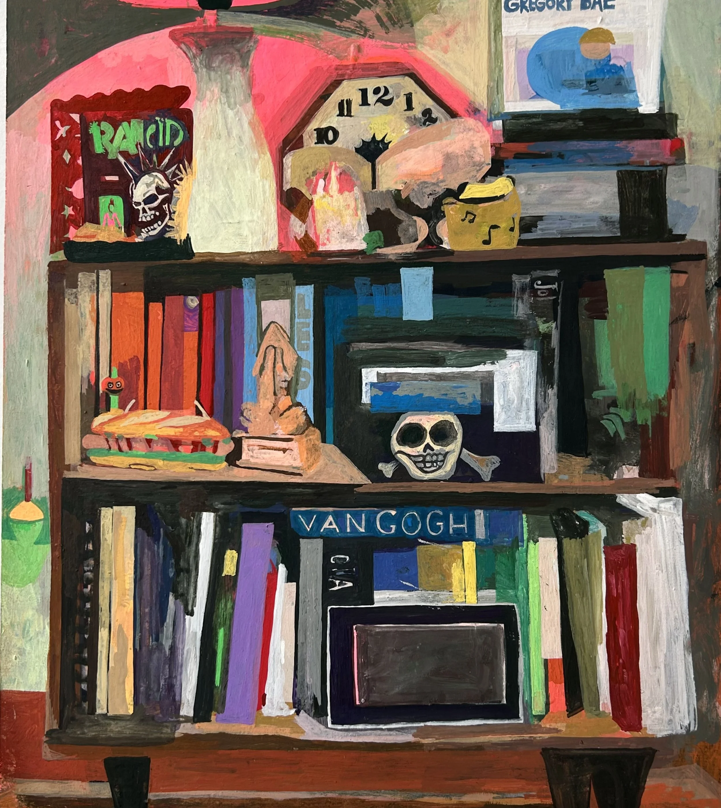 A colorful painting of a bookshelf with various items including a skull with crossbones, books, a yellow cup with musical notes, a clock, and a newspaper.