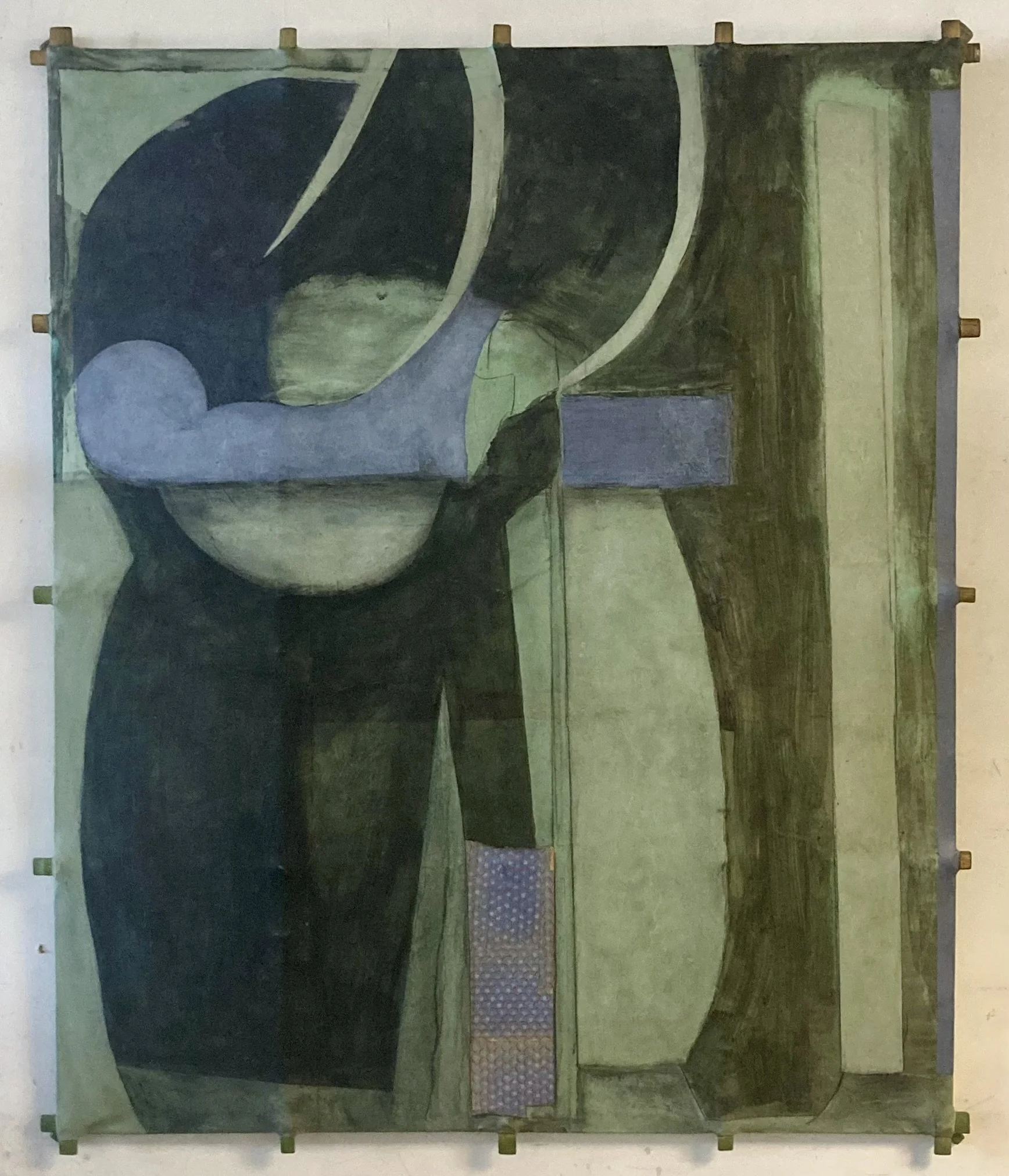 Abstract painting with geometric shapes in shades of black, gray, green, and purple, framed with green corner supports.
