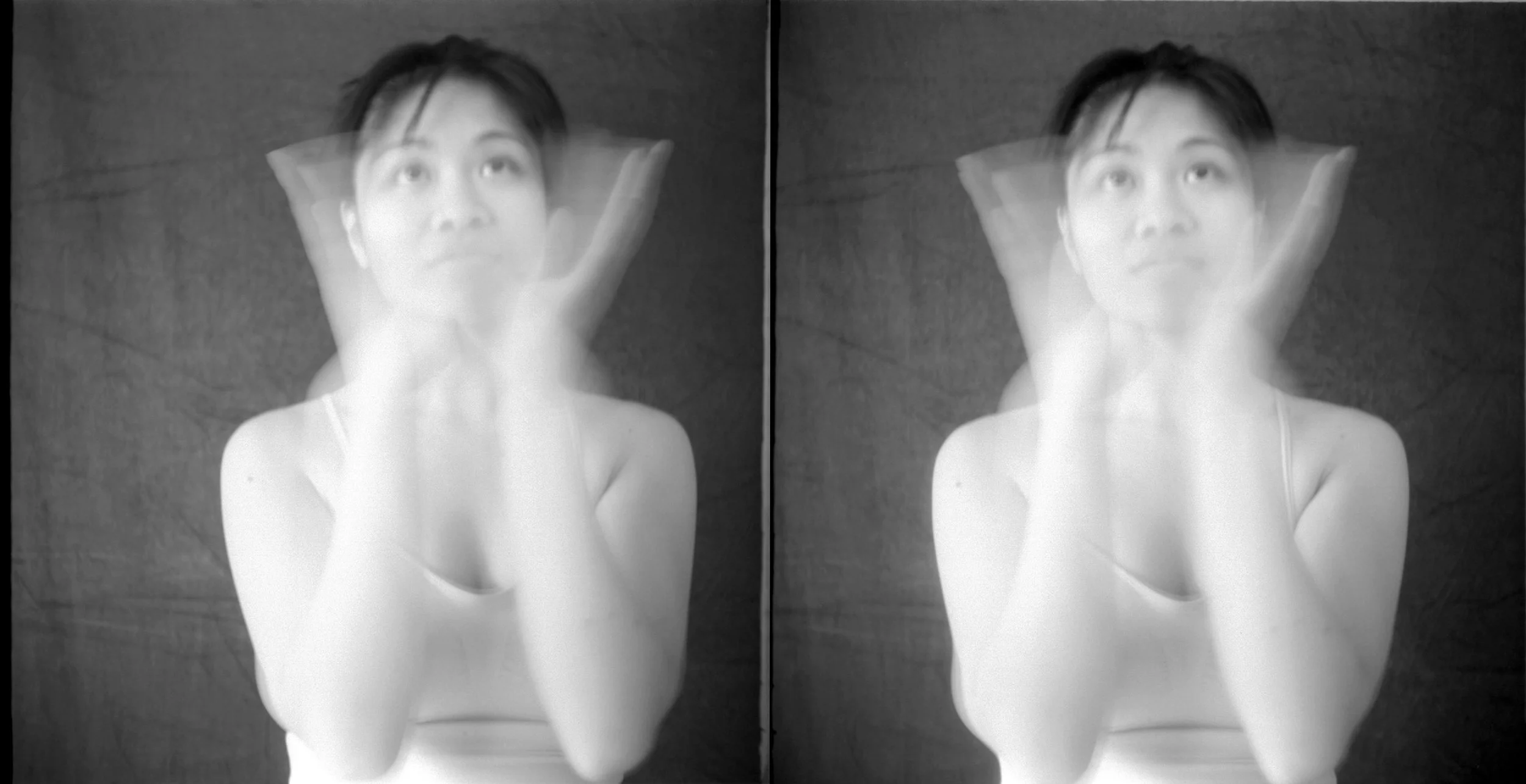 A black and white photograph of a young woman lying on a textured surface with her head resting on a pillow, her eyes looking upward. The image appears twice, mirrored side by side.