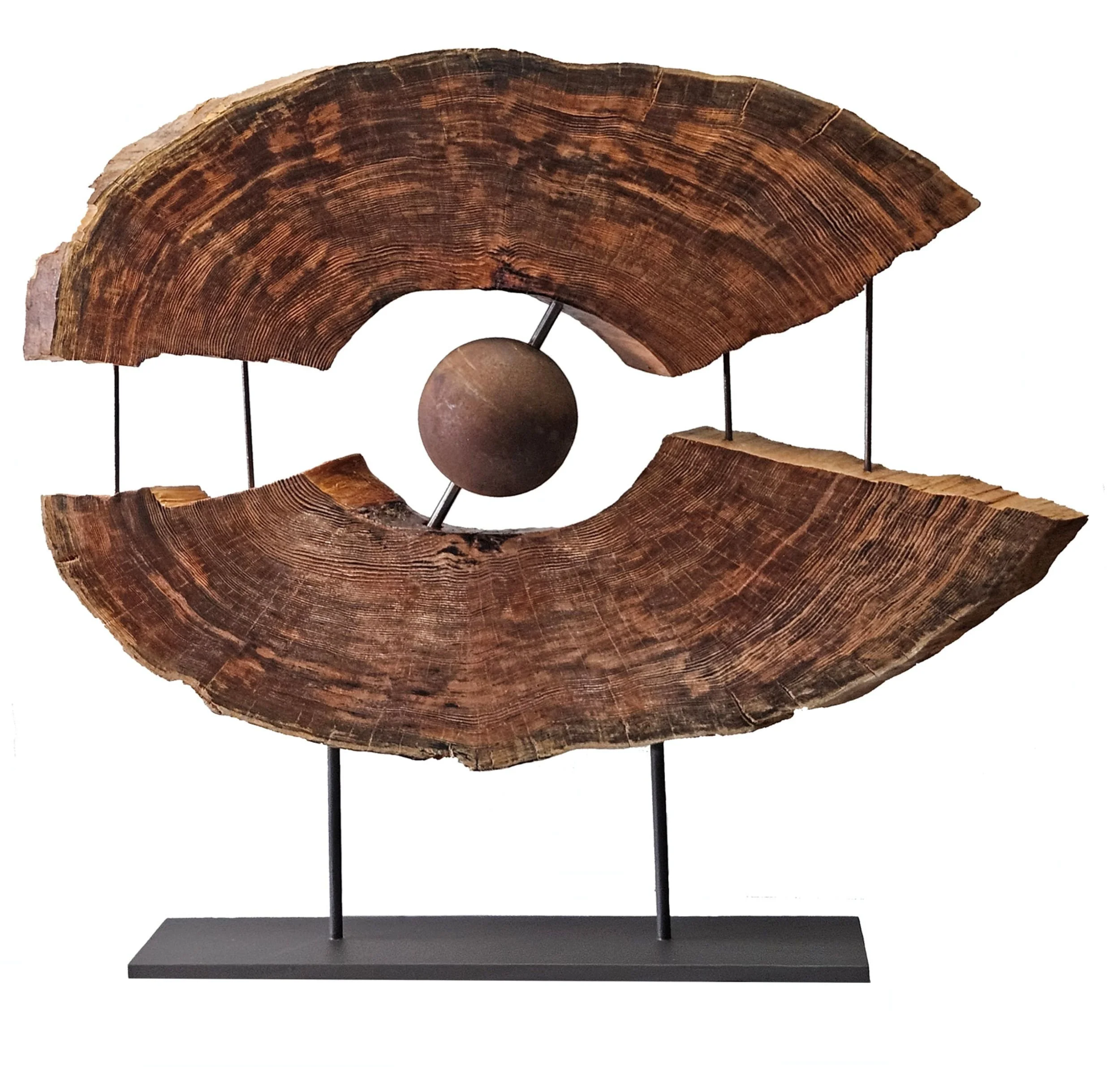 Decorative art sculpture made of a semi-circular wooden piece with visible wood grain and a dark brown color, mounted on a black metal stand with thin rods and a spherical element in the center.