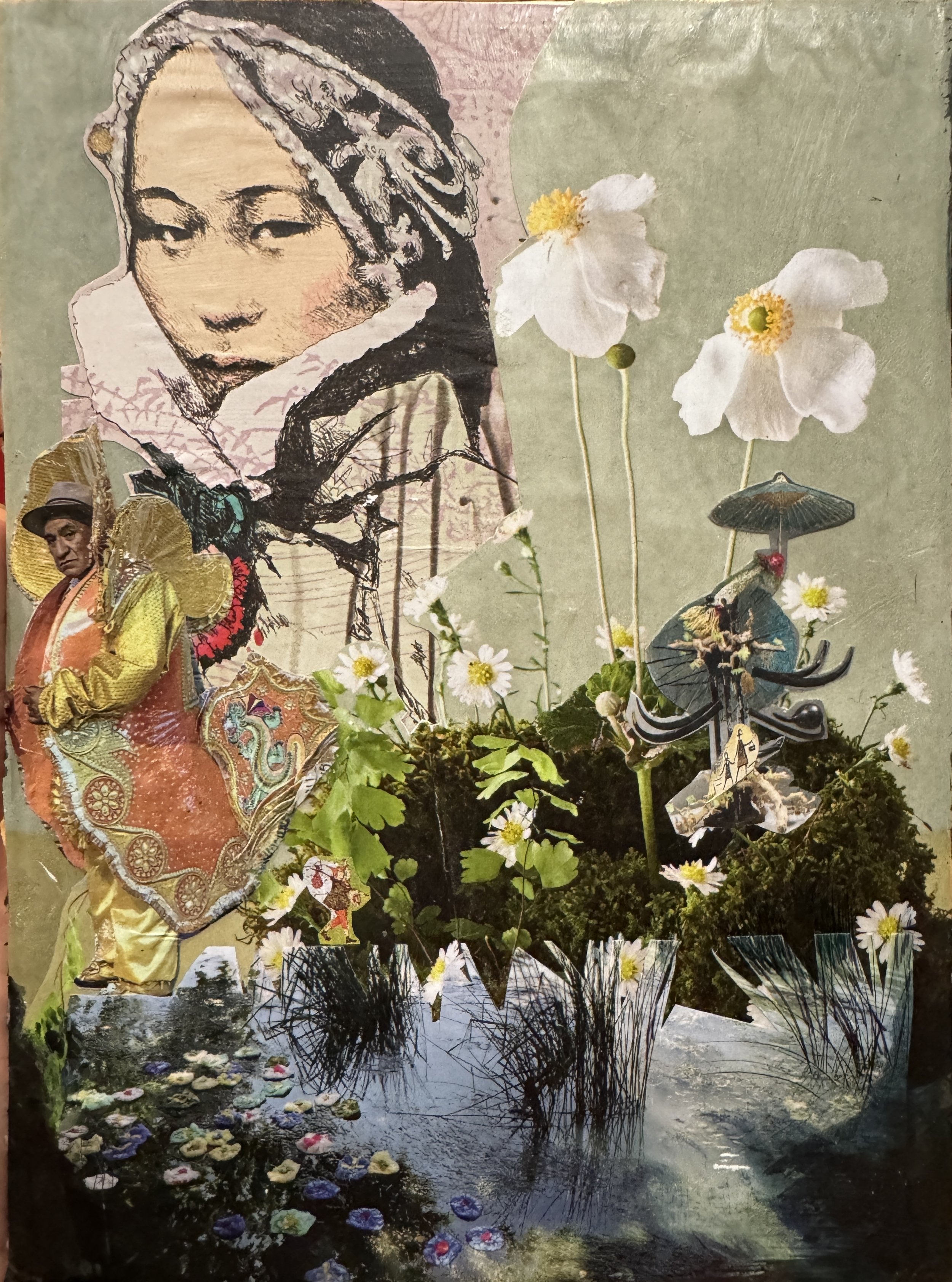 Mixed media collage artwork featuring a stylized woman's face, plants, flowers, a traditional Japanese umbrella, and various small cut-out images, creating a layered and textured appearance.