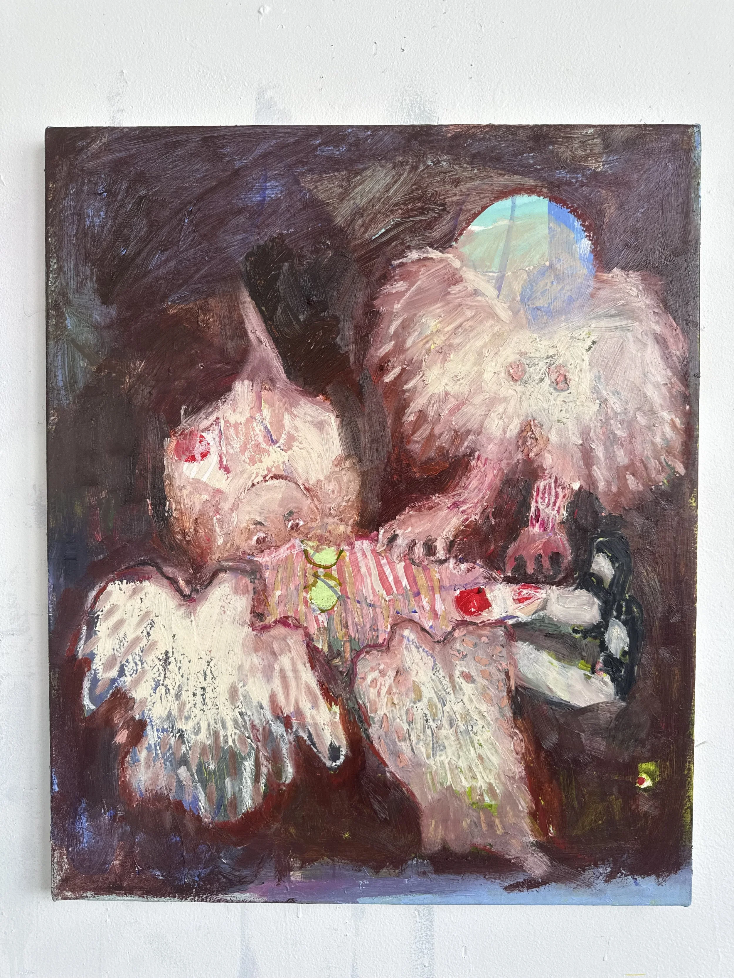 Abstract painting with dark and light brushstrokes, featuring predominantly maroon, pink, blue, green, and white colors.