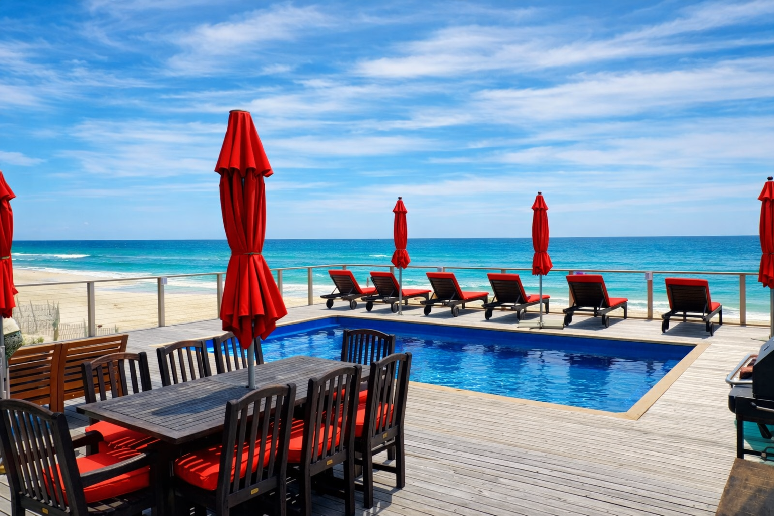 Fire Island Pines ocean front pool deck with lounge chairs and red umbrellas