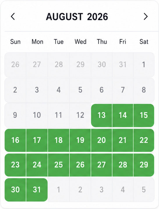 August 2026 availability for a vacation beach house rental at Fire Island Pines oceanfront