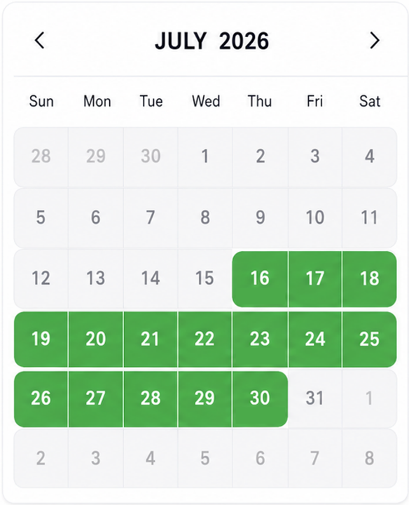 Calendar for July 2026 with dates 16th through 30th highlighted in green.