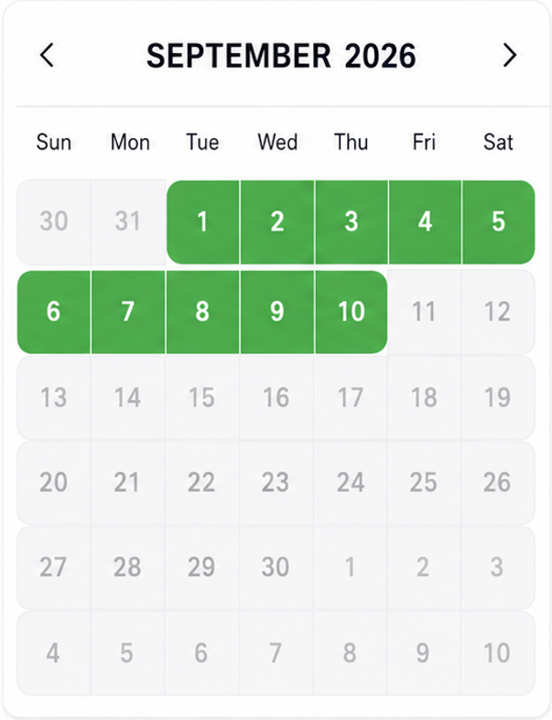 Calendar showing September 2026, with weekends highlighted in green from September 1 to September 10.