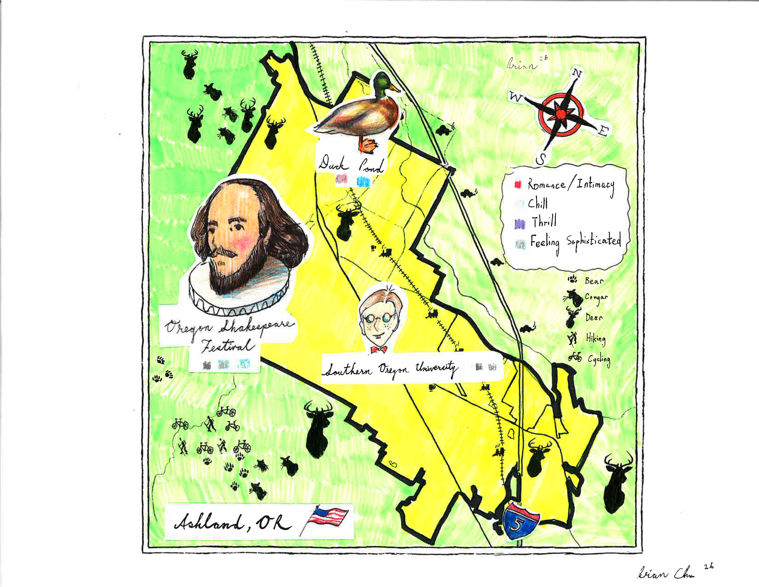 Where I Grew Up by Brian Chu

The fun of Ashland happens in and out of the city center. I prefer to stay in the city because I
was born in a highly urbanized country. Ashland is my first exposure to nature. There is a fireroad in Lithia Park that all
