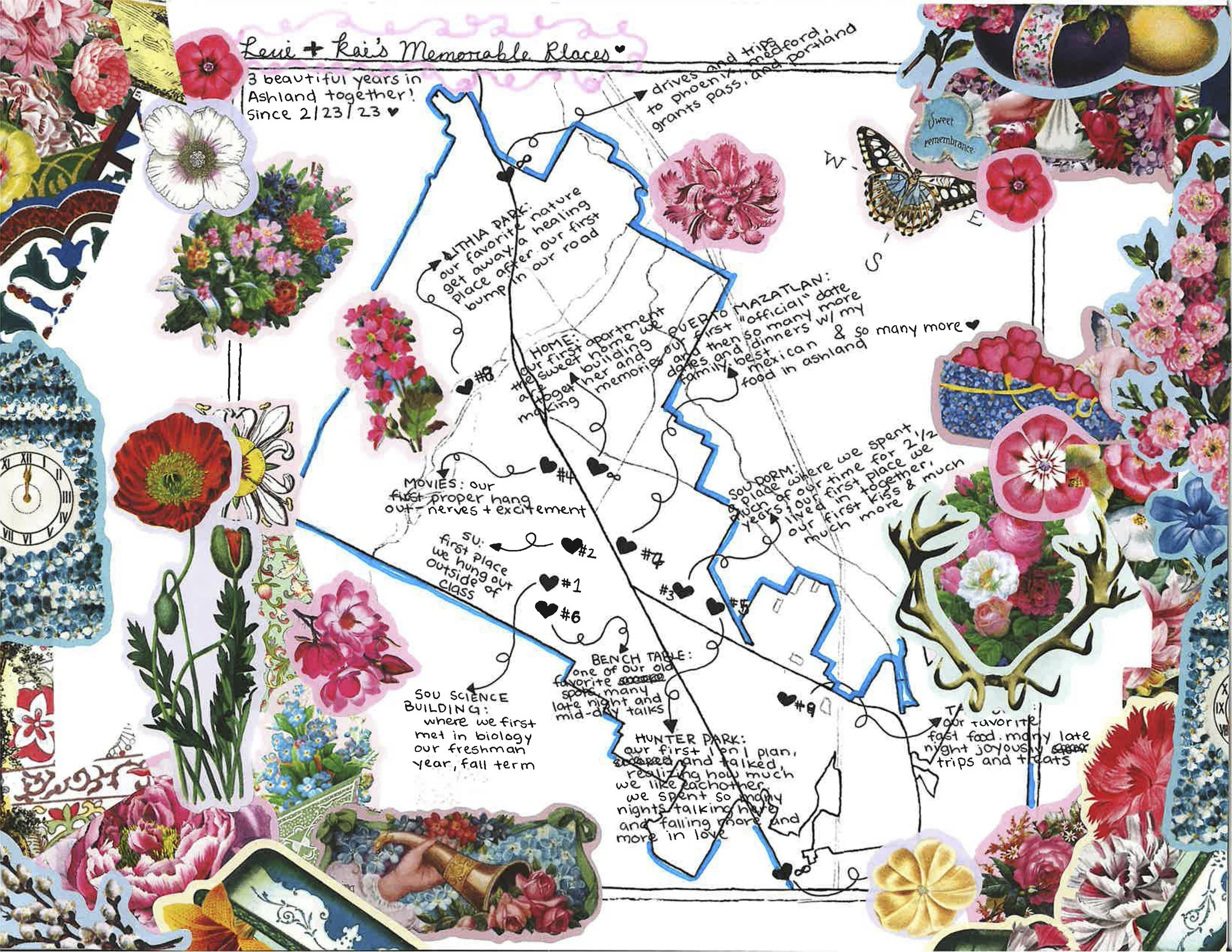 "Levi + Kai's Memorable Places" by Levi Johnston, 21
Mexican-American, trans masculine + bisexual
Program Coordinator SJEC SOU + SOU SU front  desk. Senior in college.
I made a map of Ashland based on significant/memorable places from the course of m