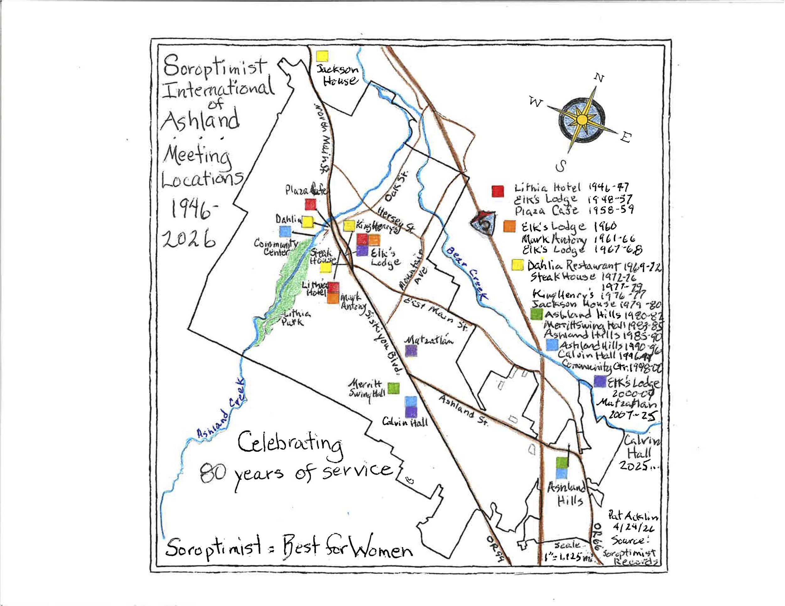 Pat Acklin, Professor Emerita of Geography and Environmental Studies, SOU
The motivation for this representation was to create a map that reflected a community experience. Soroptimist International is a global volunteer service organization. "Soropti