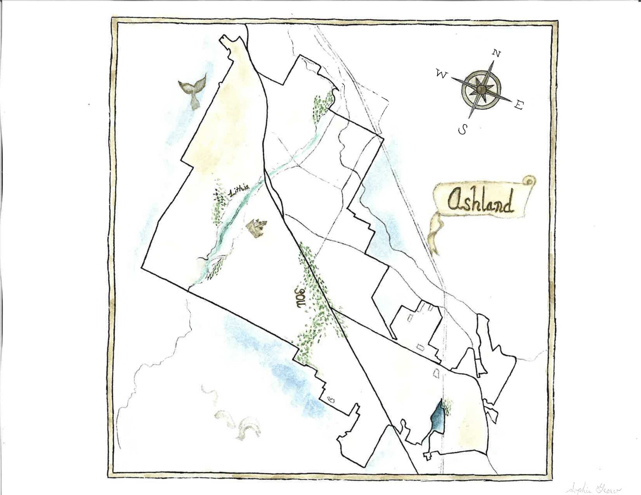 Sophie Grow,
Medford, Oregon

I am a creative person who dreams of fantastical worlds. This is my fairytale in map  form. I made a map of Ashland using watercolors with the idea of creating a fantastical world. I  learned how to use watercolors from 