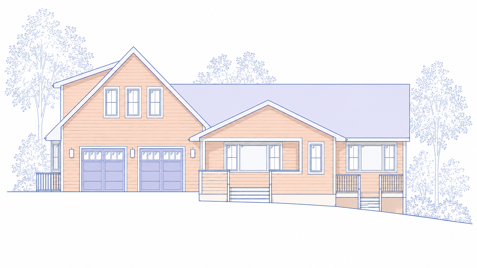 Architectural drawing of a two-story house with a front porch, multiple windows, and a two-car garage, surrounded by trees.