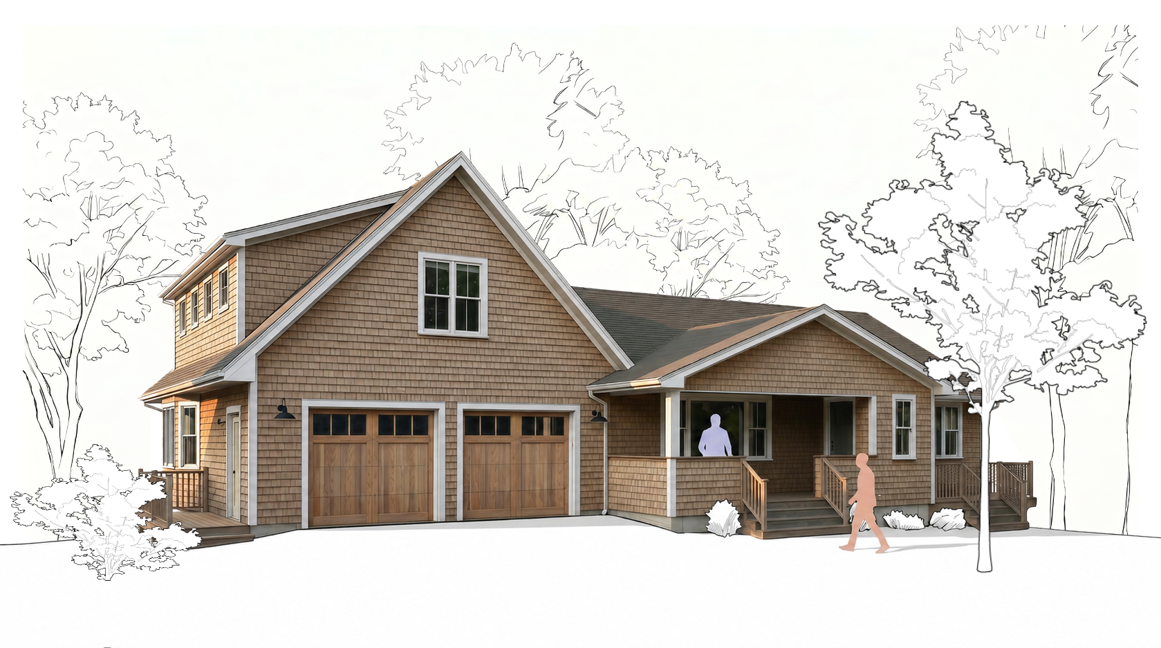 Architectural drawing of a two-story house with attached garage, porch, multiple windows, and trees in the background.